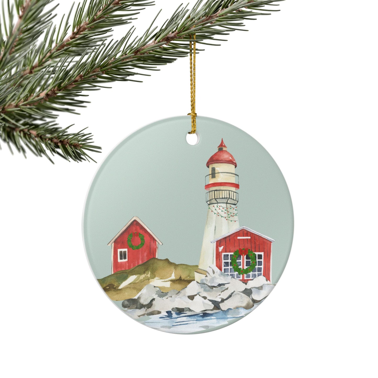 Holiday Lighthouse Ceramic Ornament