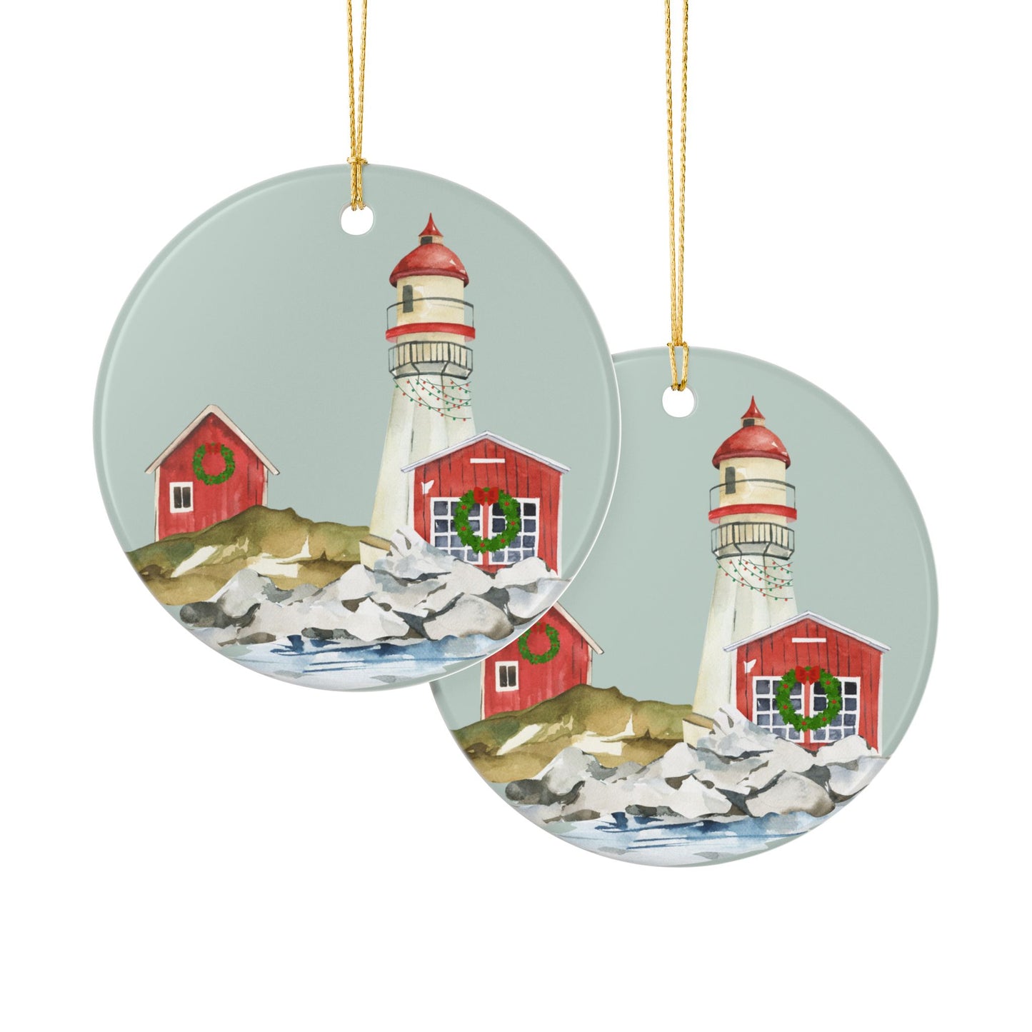 Holiday Lighthouse Ceramic Ornament