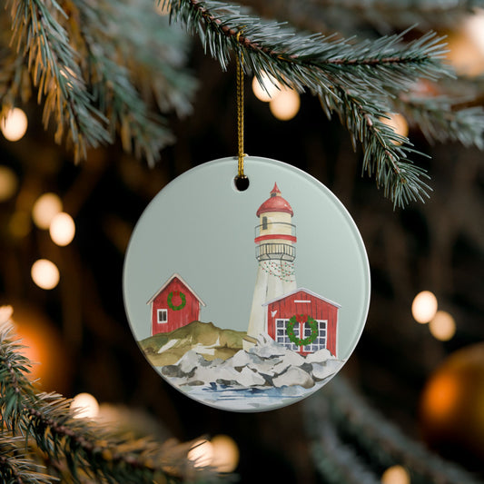 Holiday Lighthouse Ceramic Ornament