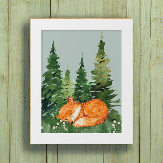 Sleeping Fox in the Pines Framed Poster