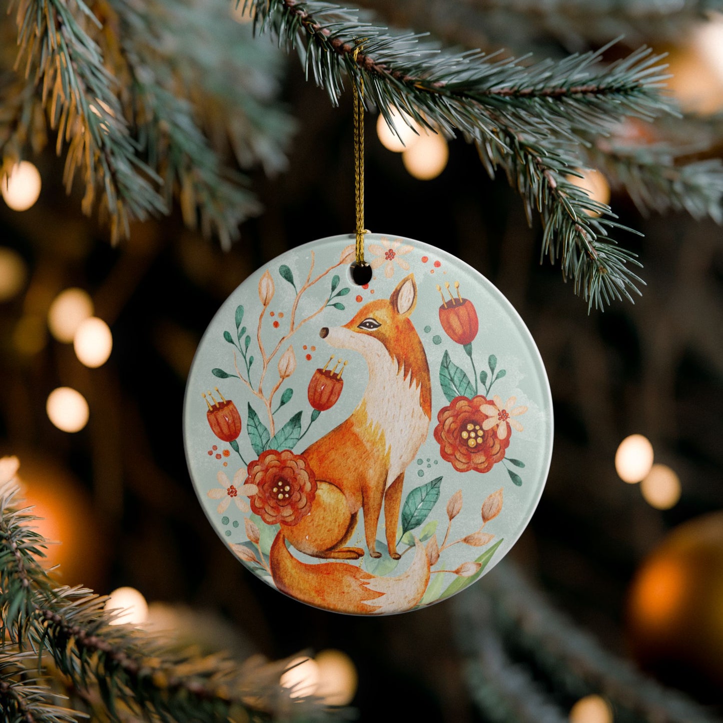 Floral Fox Ceramic Ornament