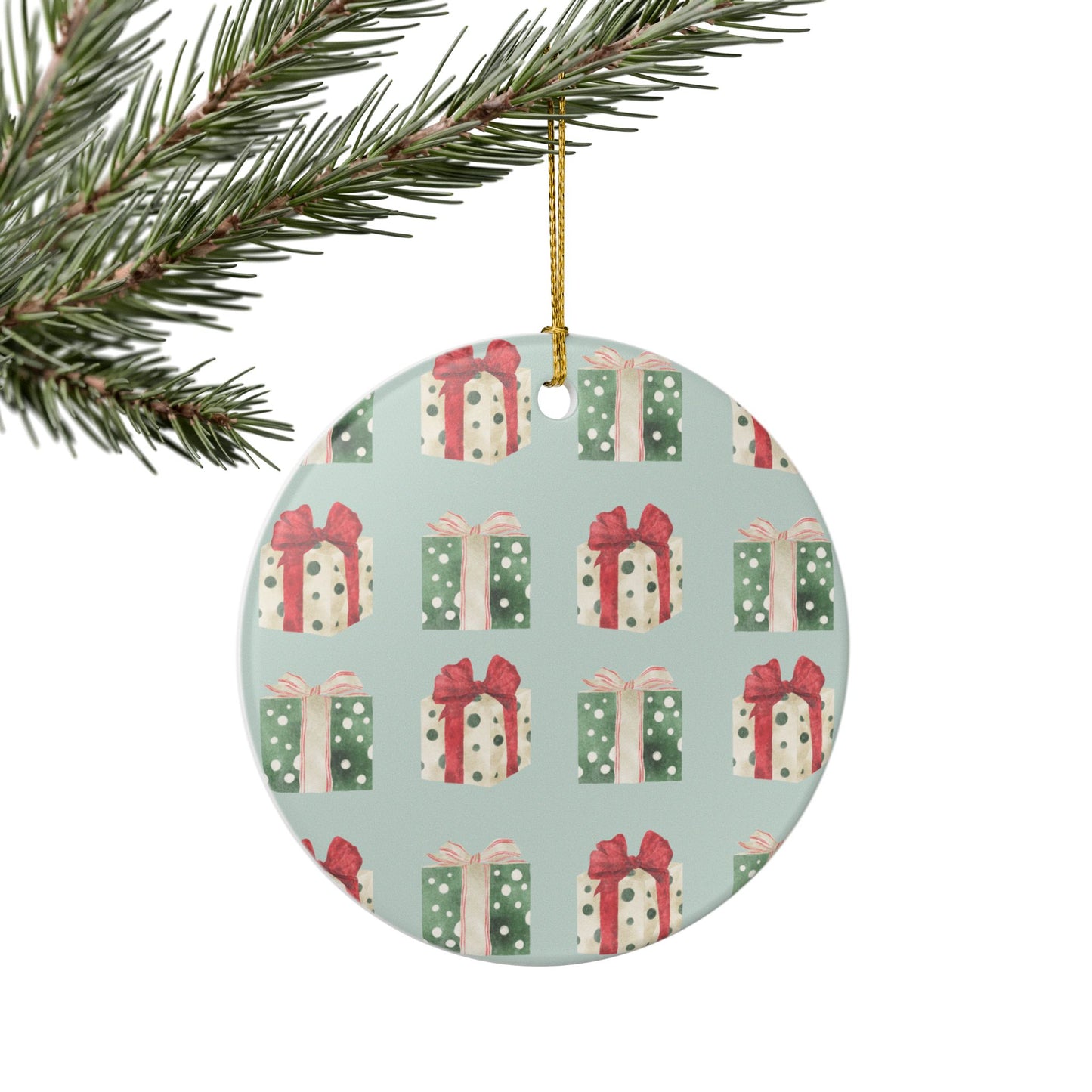 Gift Pattern Ceramic Ornament – Festive Wrapped Presents Holiday Decoration