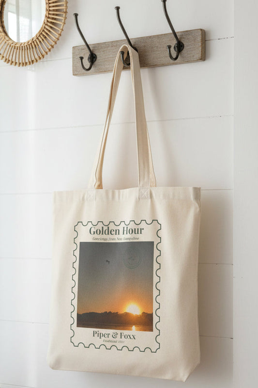 Vintage Stamp Series |Golden Hour Sunset Canvas Tote
