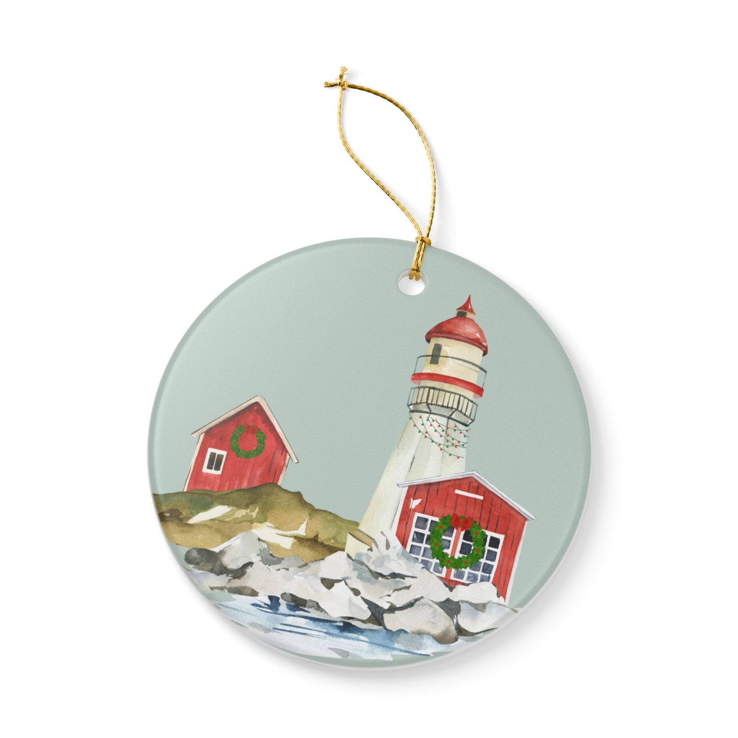 Holiday Lighthouse Ceramic Ornament