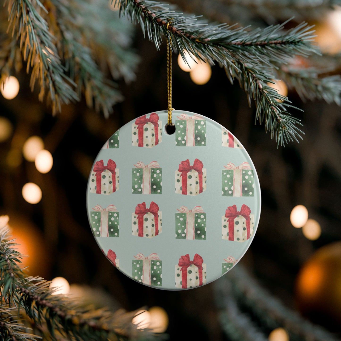 Gift Pattern Ceramic Ornament – Festive Wrapped Presents Holiday Decoration