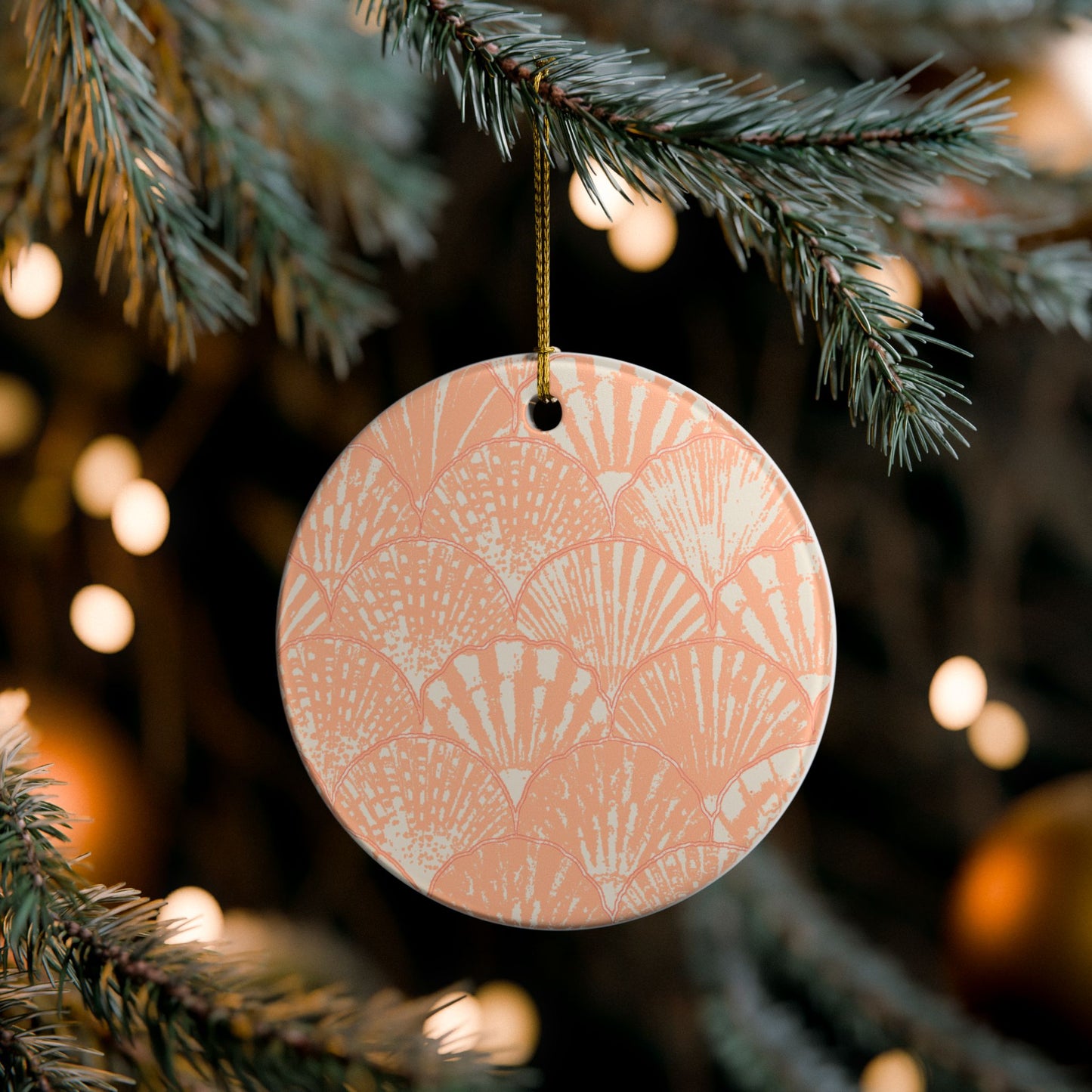 Seashell Pattern Ceramic Ornament — Coral Coastal Holiday Decoration